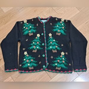Vtg‎ BELLE POINTE Christmas Tree Cardigan Sweater Embellished Medium Ugly X-Mas